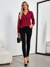 EMERY ROSE Women's Solid Color V-Neck Long Sleeve Contrast Lace Casual Blouse Fall Women Clothes